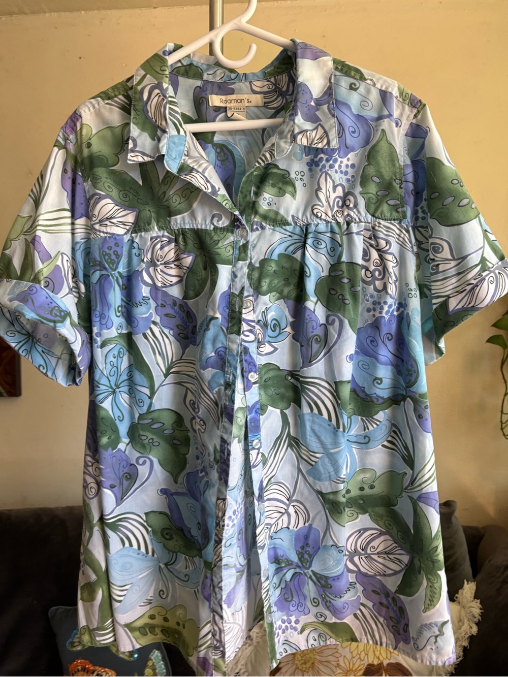 Roaman’s Blue Watercolor Floral Button Front Camp Shirt Plus Size 26W